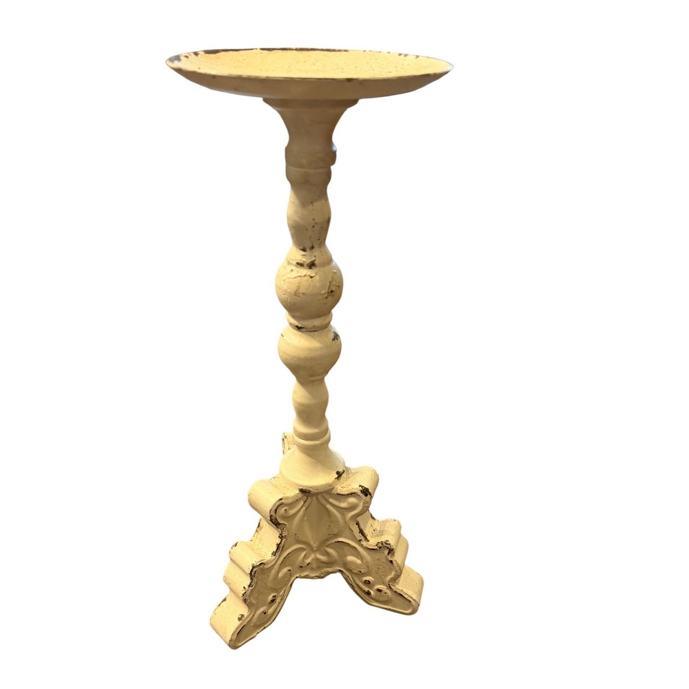 Vintage Shabby Chic Distressed White Metal Pillar Candle Holder Pedestal 13"
